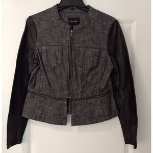 DKNY Jeans Moto Jacket Womens M Full Zip Heather Black Faux Leather Sleeves NWOT